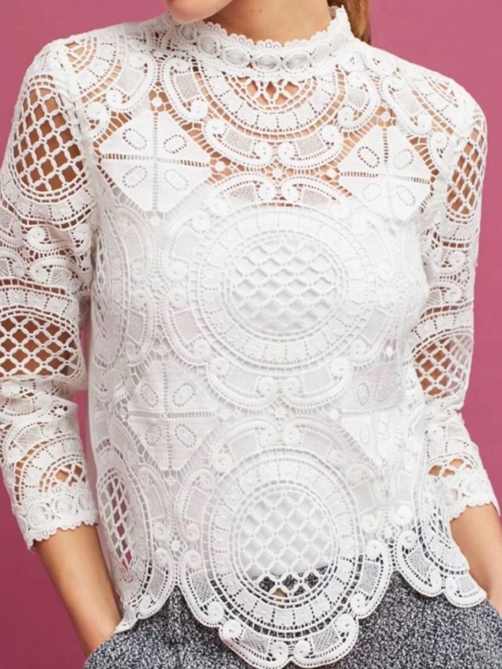 Anthropologie James Coviello Laced Medallion Mock Neck Crochet Blouse White PS